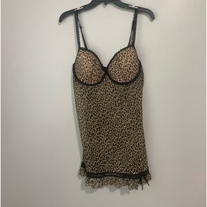 Rampage Teddy Womens 2X Black Animal Print Mesh Bow Lace Trim Lingerie Chemise